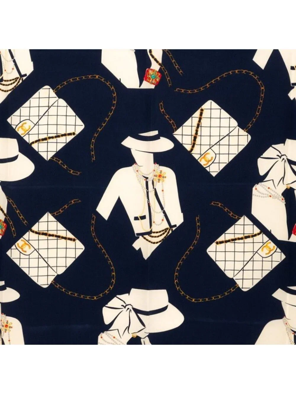 Chanel CC Logo Mademoiselle Quilted Pattern Scarf Large Navy Multicolor Silk